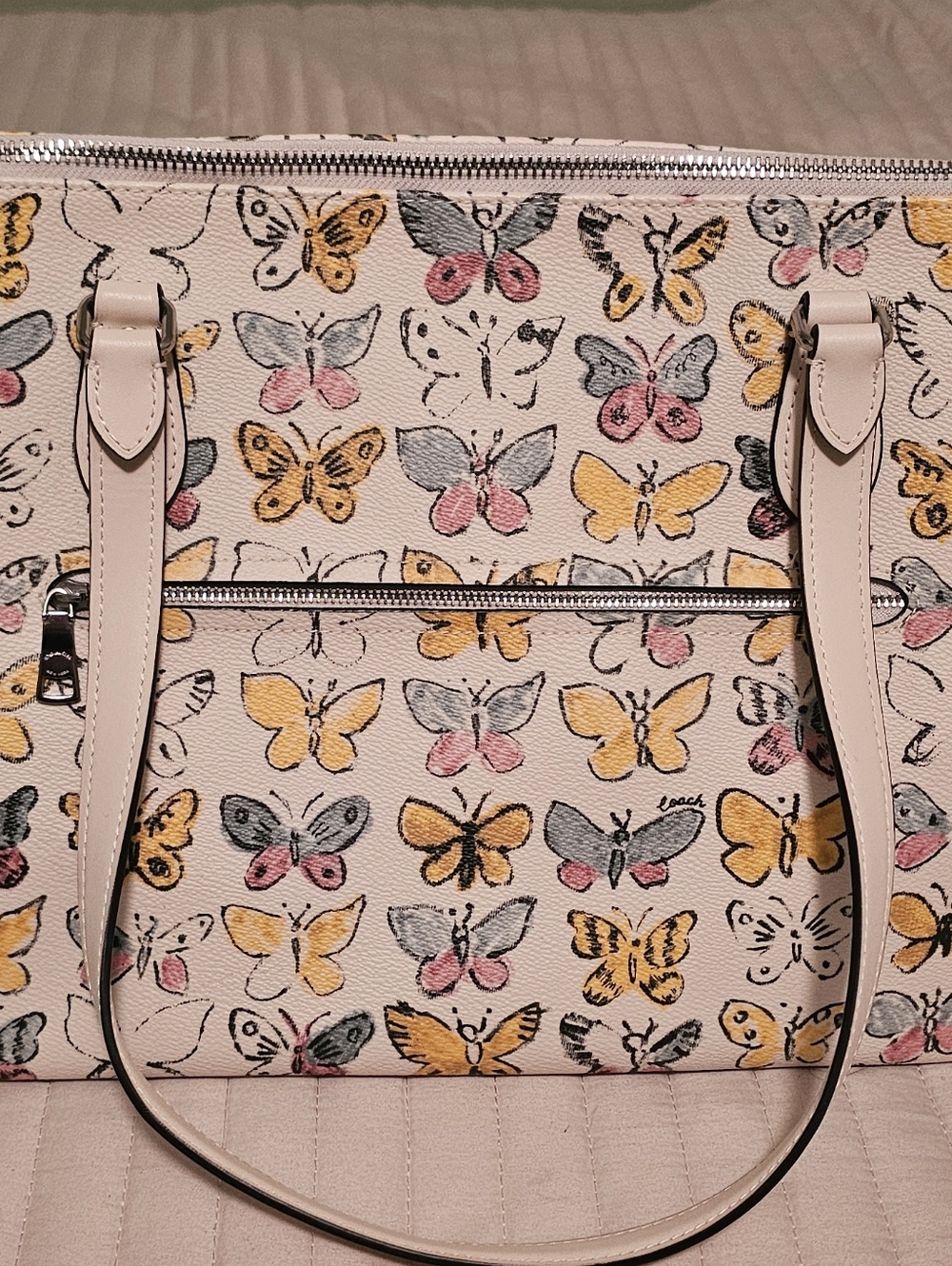 Coach Butterfly Print Tote Bag in Cream/Multi colorered. - Picture 4 of 7